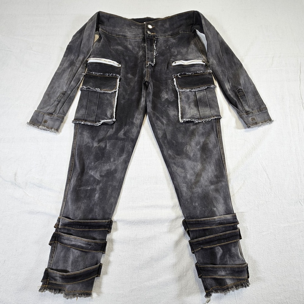 My Boo Black Gray Cargo Jeans Womans Size Large High Waist Sleeve Ties‎ Goth Y2K
